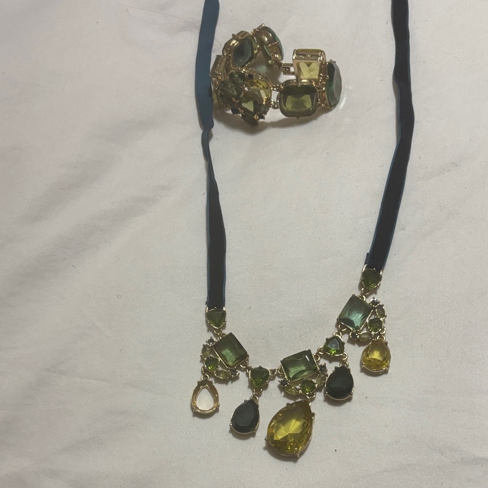 Gold-Tone Green Crystal Teardrop Statement Necklace and Bracelet Set